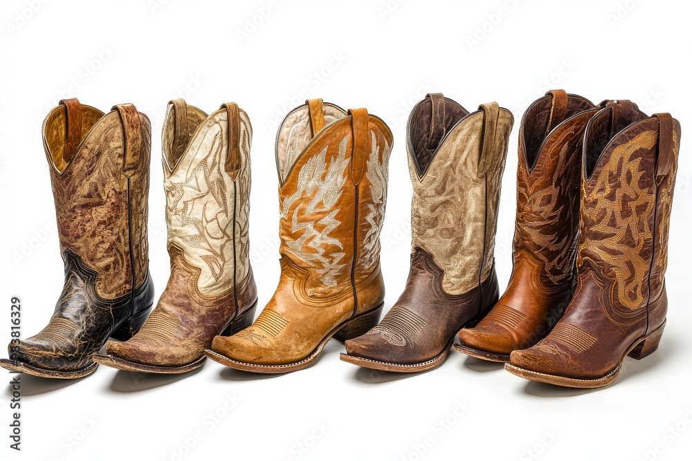 A high-resolution digital image of six pairs of western cowboy boots A high-resolution digital image of six pairs of western cowboy boots