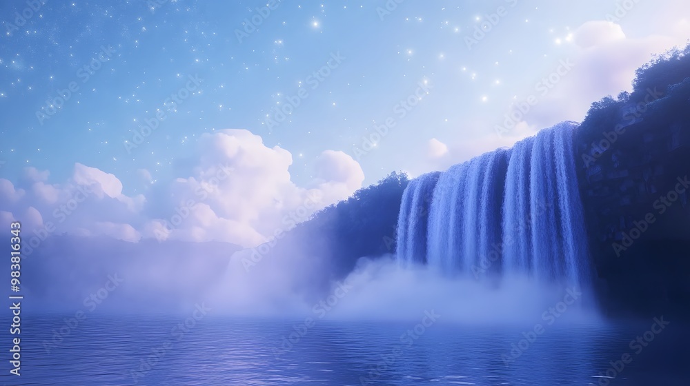 A serene minimalist 3D waterfall surrounded by mist with stars twinkling softly like fireflies in the twilight sky and clouds drifting by A serene minimalist 3D waterfall surrounded by mist with stars twinkling softly like fireflies in the twilight sky and clouds drifting by