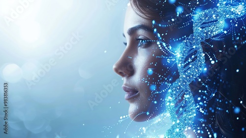 Futuristic Woman with Digital DNA Visualization