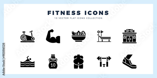 10 Fitness Glyph icons pack. vector illustration.