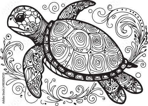 Turtle mandala vector for coloring page.