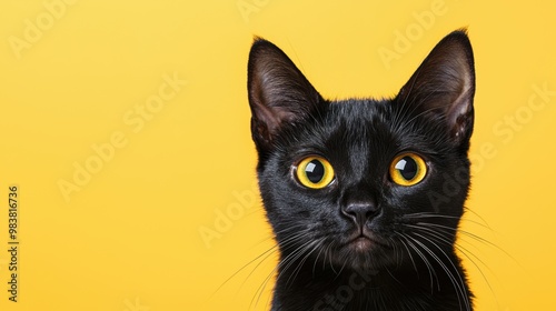 Black Cat with Bright Yellow Eyes on Yellow Background