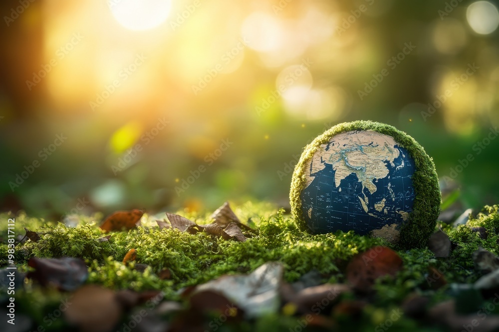 A serene image of a small, moss-covered globe resting on a bed of green moss A serene image of a small, moss-covered globe resting on a bed of green moss