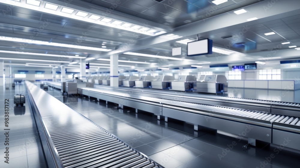 Obraz premium Baggage Claim Area: A functional space for collecting checked luggage post-flight, featuring conveyor belts for easy retrieval and monitors showing flight details. 
