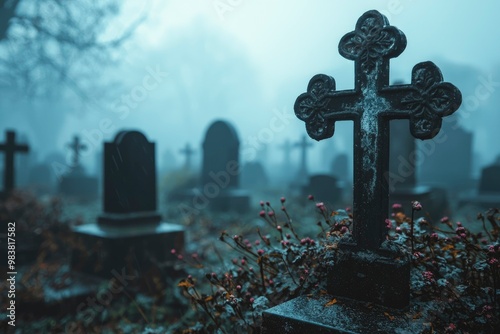 Ornate Cross Graveyard Headstone in Foggy Weather