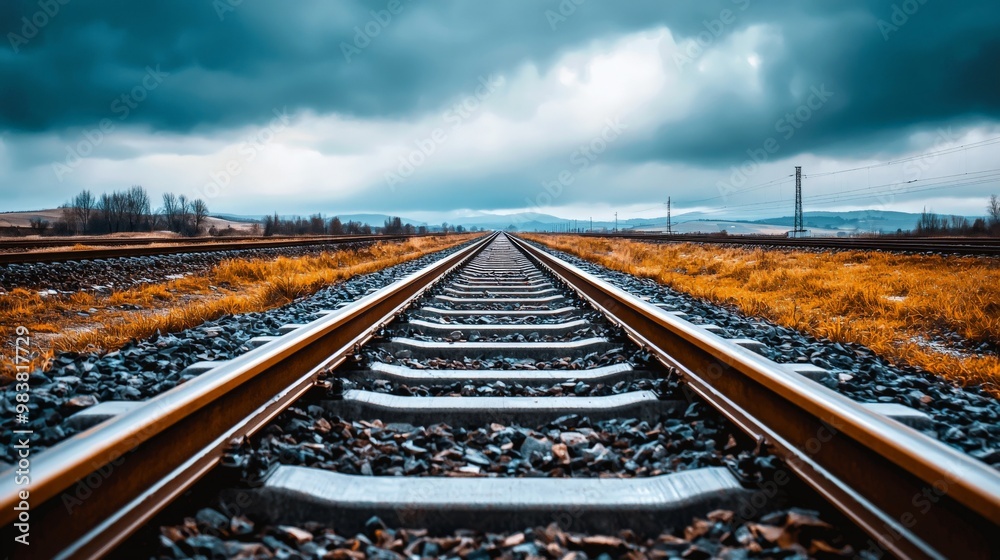 A set of old railway tracks stretching into the distance, disappearing into the horizon under a cloudy sky A set of old railway tracks stretching into the distance, disappearing into the horizon under a cloudy sky