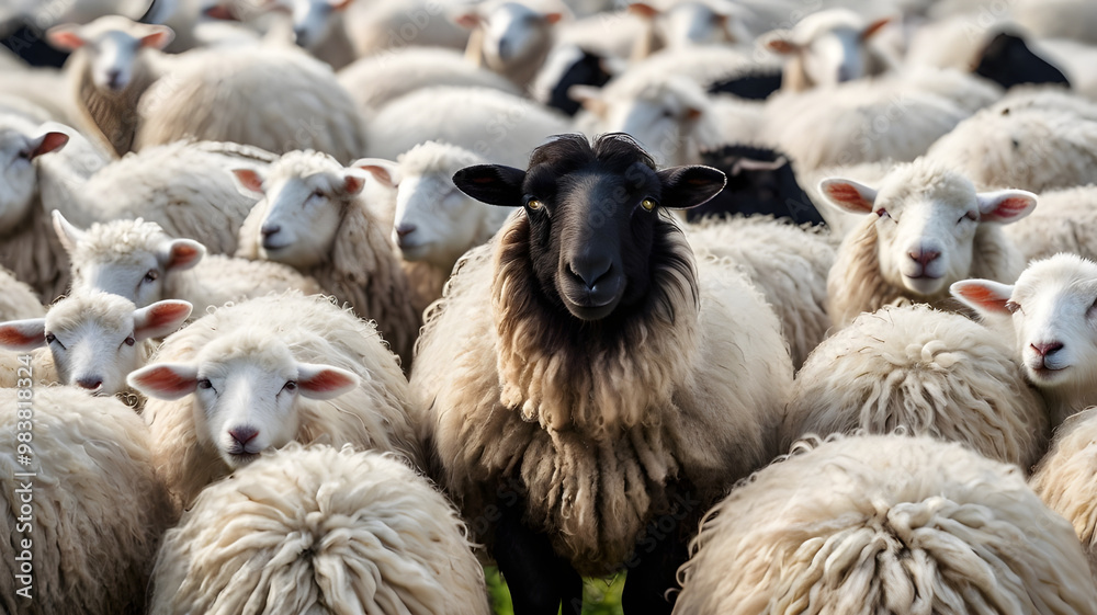 A black sheep standing out among a flock of white sheep.A powerful symbol of individuality and nonconformity in nature.Suffolk sheep A black sheep standing out among a flock of white sheep.A powerful symbol of individuality and nonconformity in nature.Suffolk sheep
