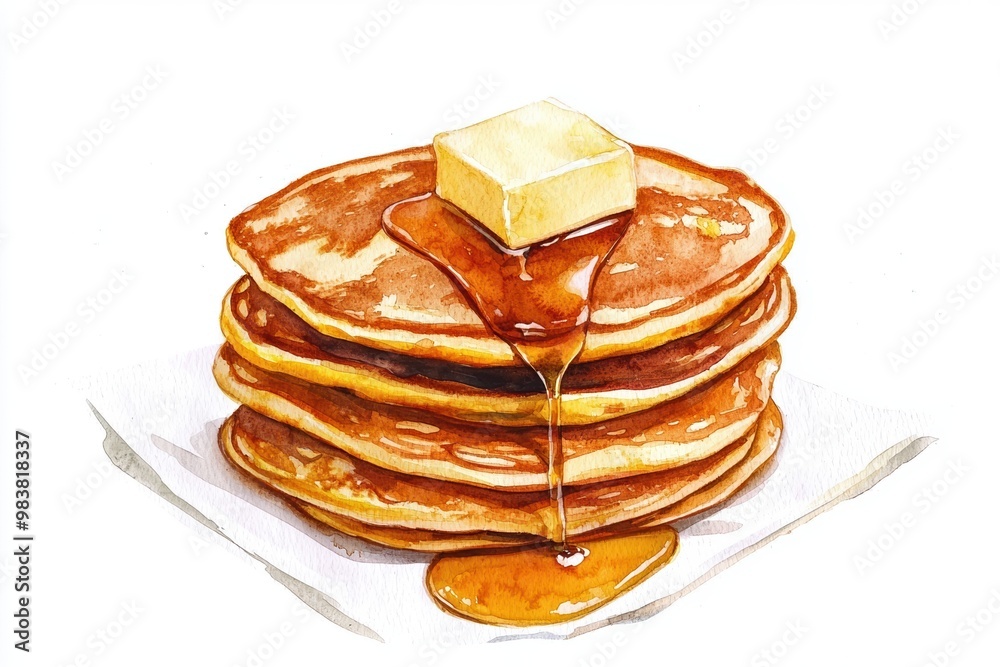 A stack of fluffy pancakes topped with melting butter and drizzled with golden syrup, perfect for breakfast or brunch. A stack of fluffy pancakes topped with melting butter and drizzled with golden syrup, perfect for breakfast or brunch.