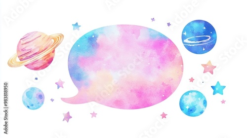 Colorful watercolor speech bubble surrounded by planets and stars, perfect for cosmic-themed designs and artistic projects.