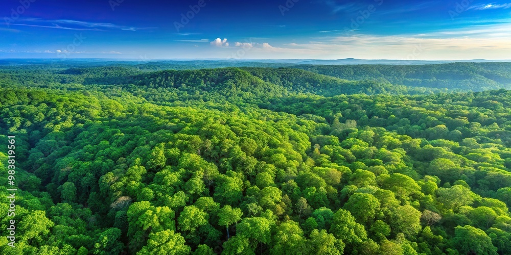 Aerial view of dense forest with clear blue sky Aerial view of dense forest with clear blue sky