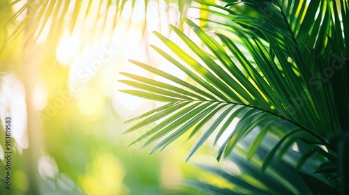 Palm leaves in the sunlight with a blurred background.