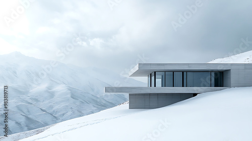 Minimalist concrete house on a snowy mountain 