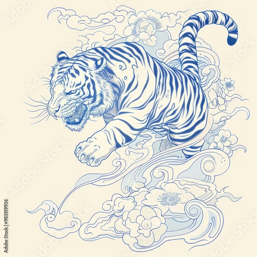 A white tiger with blue stripes leaping through clouds and flowers in a minimalist style illustration.