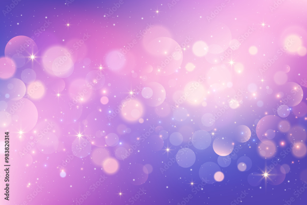 Purple and pink unicorn background with stars and bokeh. Magic cute gradient sky with glitter. Abstract vector space with soft light. Soft ombre gradation wallpaper