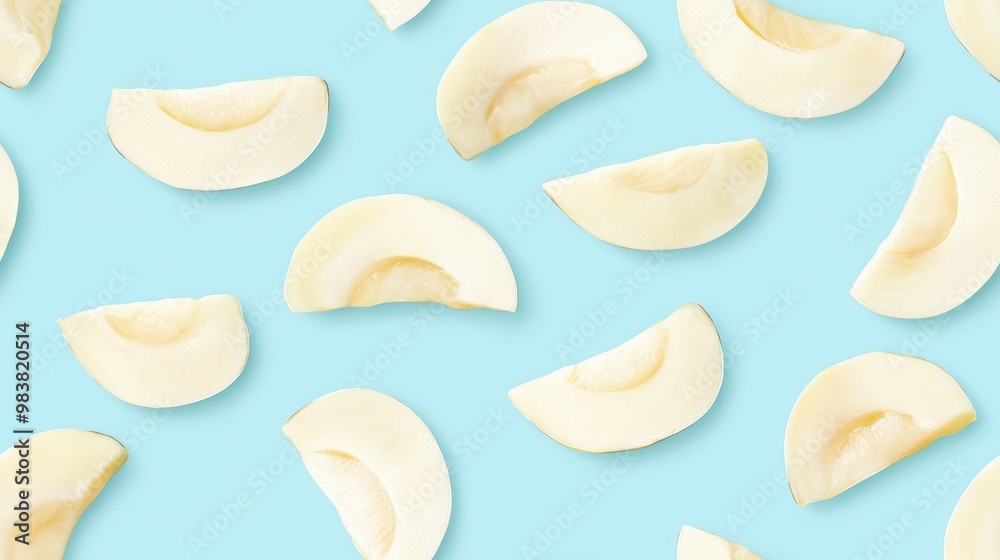 Fresh Melon Slices on Vibrant Blue Background Fresh Melon Slices on Vibrant Blue Background
