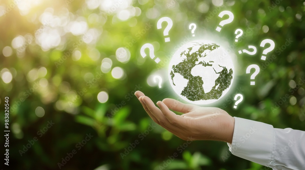 Globes are floating white question marks with green nature scenes and bokeh effects. The glow of the globe icon. International business minimalist aesthetic. Globes are floating white question marks with green nature scenes and bokeh effects. The glow of the globe icon. International business minimalist aesthetic.