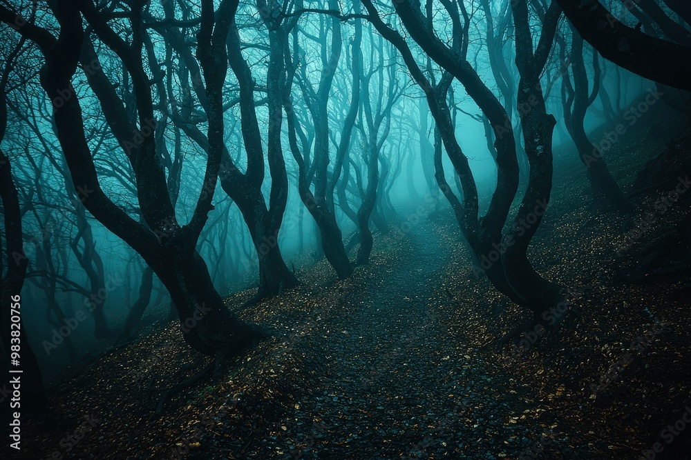 A Path Through a Foggy Forest with Silhouettes of Trees A Path Through a Foggy Forest with Silhouettes of Trees