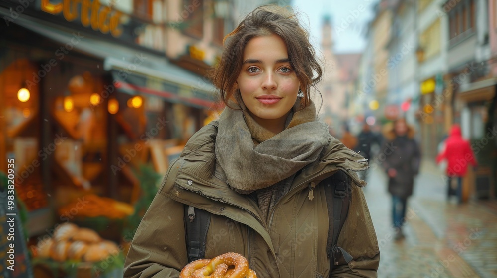 Pretzel in Munich: Traditional Bavarian Bread Held in Front of Town Hall Building Pretzel in Munich: Traditional Bavarian Bread Held in Front of Town Hall Building