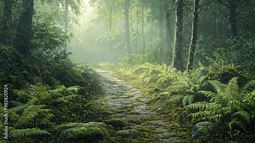 A misty forest path winding through lush greenery.