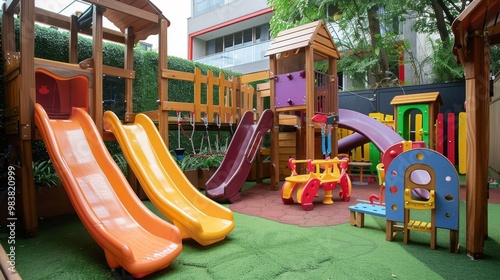 Children’s Play Area: A lively space with climbing frames, slides, and soft toys, allowing children to play freely while parents relax on nearby seating. 