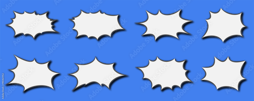 Manga speech bubble. Comic text frame with pop art halftone dotted effect. Balloon chat shape for dialog. Vector cloud for shock shout and scream action messages. Irregular cartoon decoration