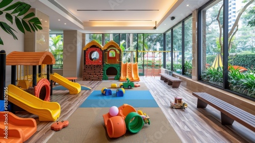 Children’s Play Area: A dedicated area filled with slides, climbing frames, and soft toys for children, where parents can unwind on adjacent benches.
 photo