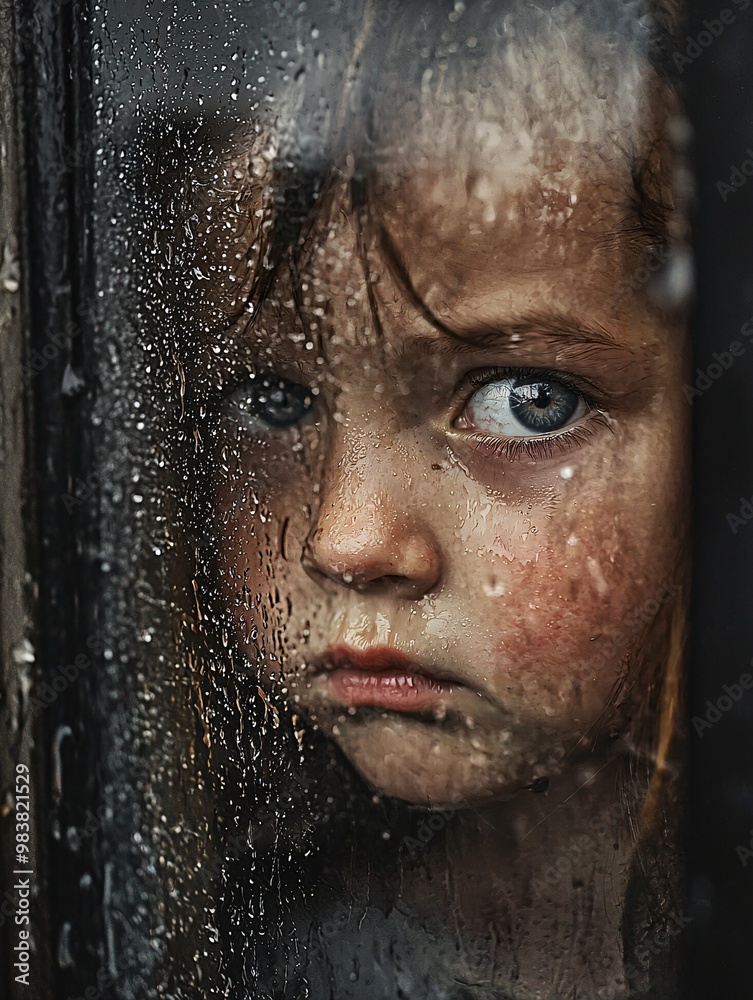 A troubled child stares through a wet window, embodying the days hardships while holding onto a flicker of hope.