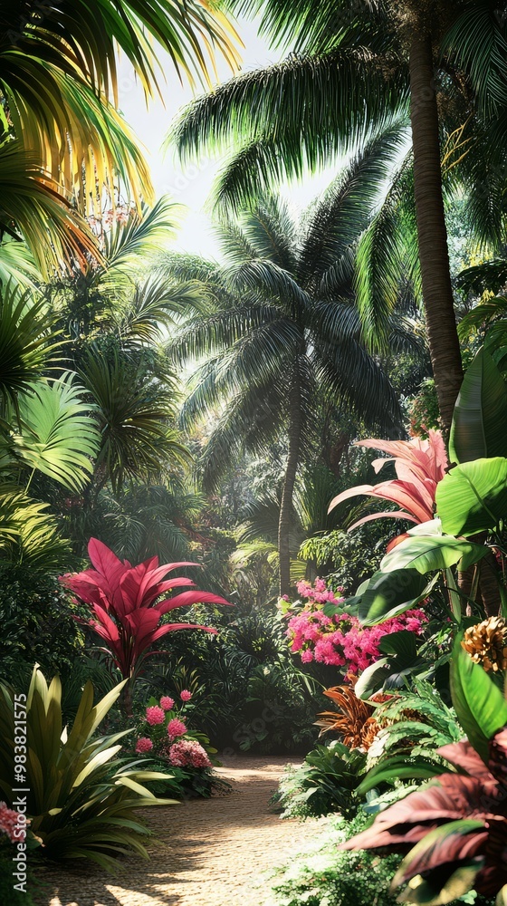 Fototapeta premium Palm trees line a serene path amid vibrant plants in a tranquil tropical scene