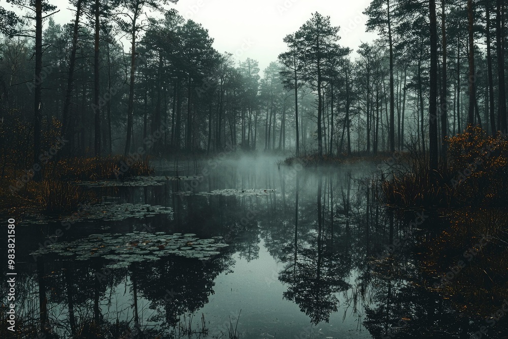 Misty Forest Pond with Silhouetted Trees and Reflections