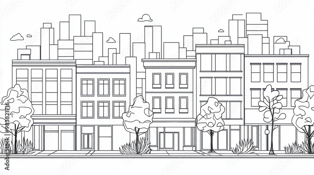 Obraz premium A minimalistic outline of a cityscape featuring buildings, trees, and a clear sky, ideal for urban design projects and illustrations.