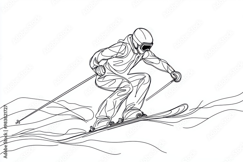 A minimalistic line drawing of a skier navigating down a snowy slope, showcasing dynamic movement and athleticism. A minimalistic line drawing of a skier navigating down a snowy slope, showcasing dynamic movement and athleticism.
