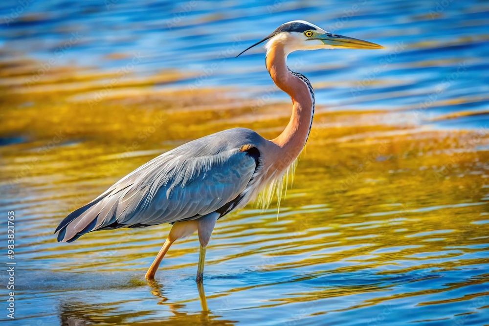 Aerial view of great blue heron wading into water