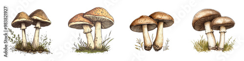 Diverse Assortment of Mushrooms Illustrated in Detailed Botanical Style for Nature Biology or Science themed Designs and Backgrounds