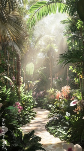 Wander through a lush pathway surrounded by majestic palms and colorful tropical blooms