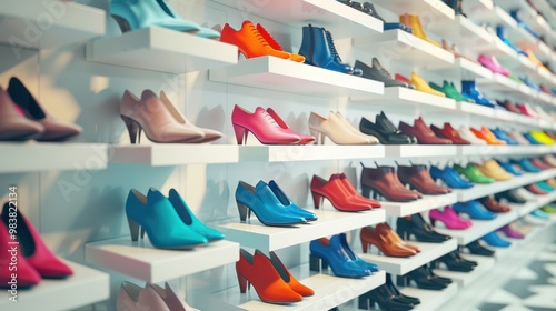 Shoe Stores: Retailers featuring the latest footwear trends, with walls lined with everything from sneakers to heels and a sit-down area for trying on sizes. 