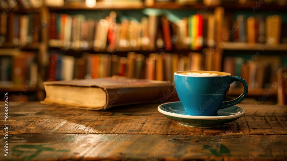 This cozy coffee shop features comfortable seating, rustic decor, and bookshelves, creating a warm, inviting atmosphere.