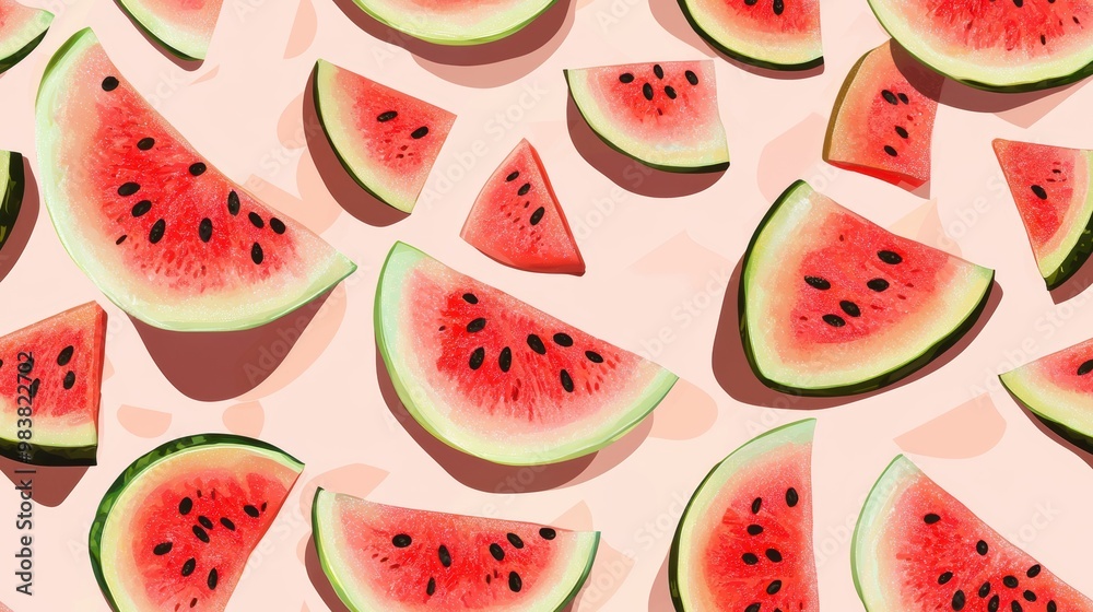 Fresh Watermelon Slices on Soft Pink Background Fresh Watermelon Slices on Soft Pink Background