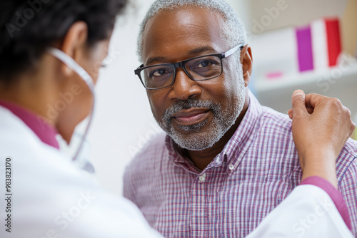 Senior African American Man Receiving Medical Check-up from Doctor
