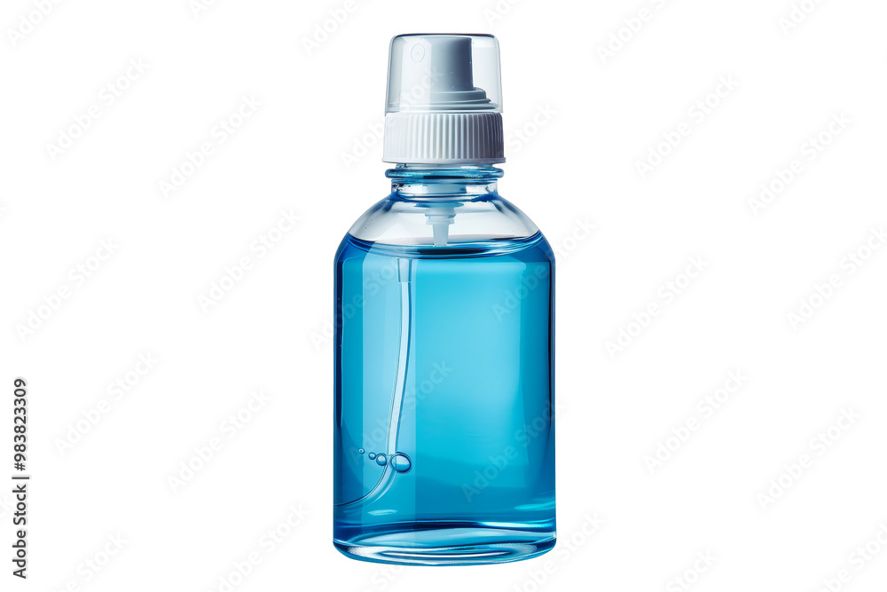 Clear bottle containing blue liquid on a white surface, demonstrating a hand pump mechanism ideal for dispensing various liquids in a controlled manner Clear bottle containing blue liquid on a white surface, demonstrating a hand pump mechanism ideal for dispensing various liquids in a controlled manner