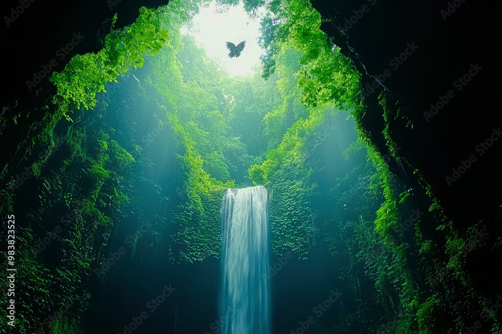 Obraz premium A Waterfall Cascading Through a Lush Forest Canopy