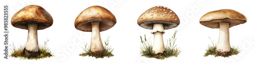 Assortment of different mushroom fungus species with caps and stems sprouting from the ground in a lush green forest landscape  Macro photography showcasing the diverse textures patterns