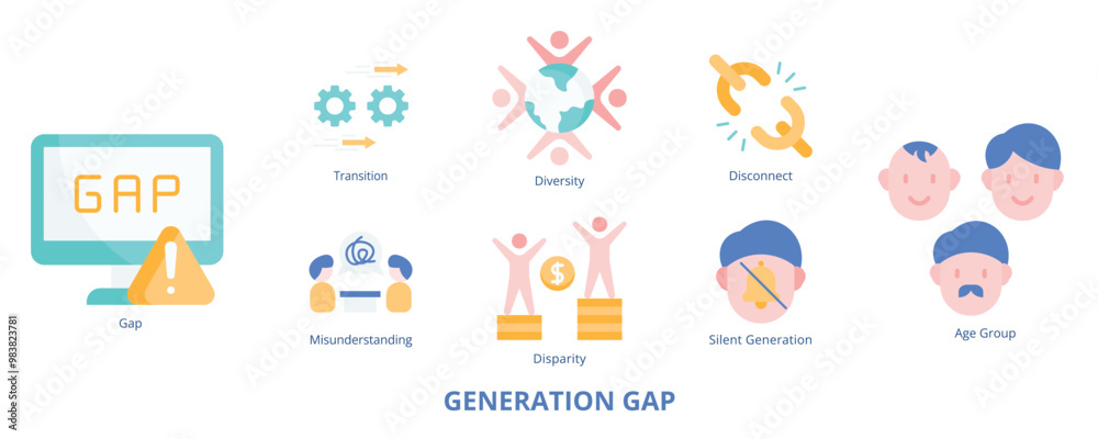 Generation Gap Flat Banner Web Icon Set Vector Illustration, Disparity Diversity, Gap, Transition Disconnect Age Group Misunderstanding Silent group Generation Gap Flat Banner Web Icon Set Vector Illustration, Disparity Diversity, Gap, Transition Disconnect Age Group Misunderstanding Silent group