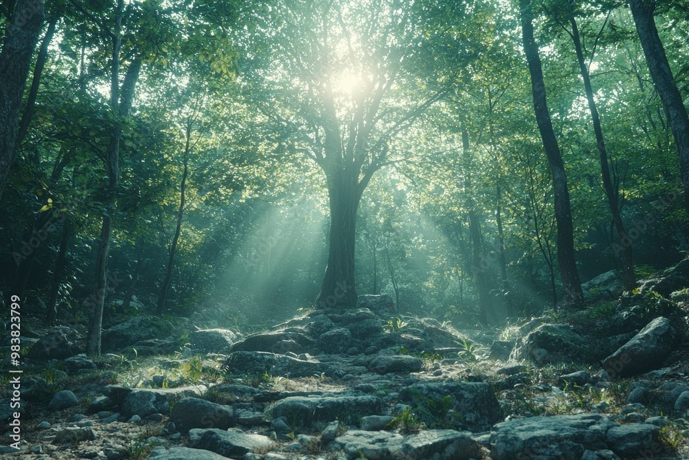 Obraz premium Sunbeams Through Dense Forest Canopy Over a Rocky Path