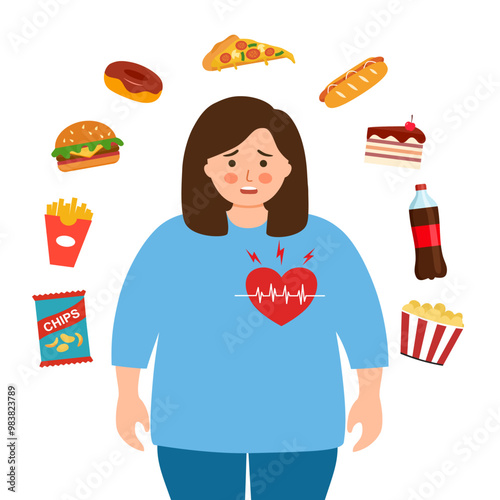 Unhealthy obesity woman with heart disease and junk food around.