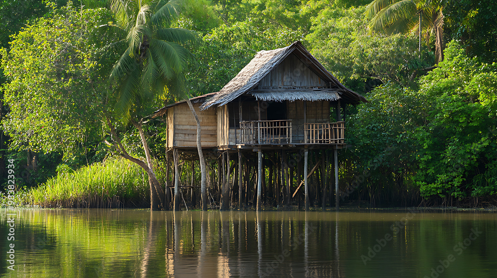 Traditional wooden hut on stilts in tropical marshlands Traditional wooden hut on stilts in tropical marshlands