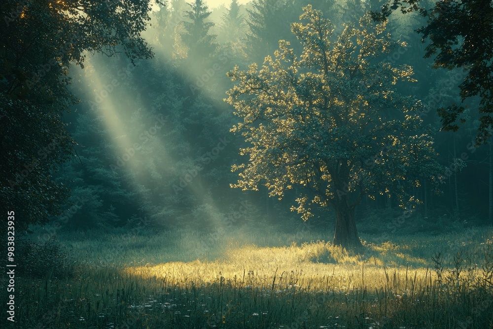 A Single Tree Bathed in Sunlight in a Misty Forest A Single Tree Bathed in Sunlight in a Misty Forest