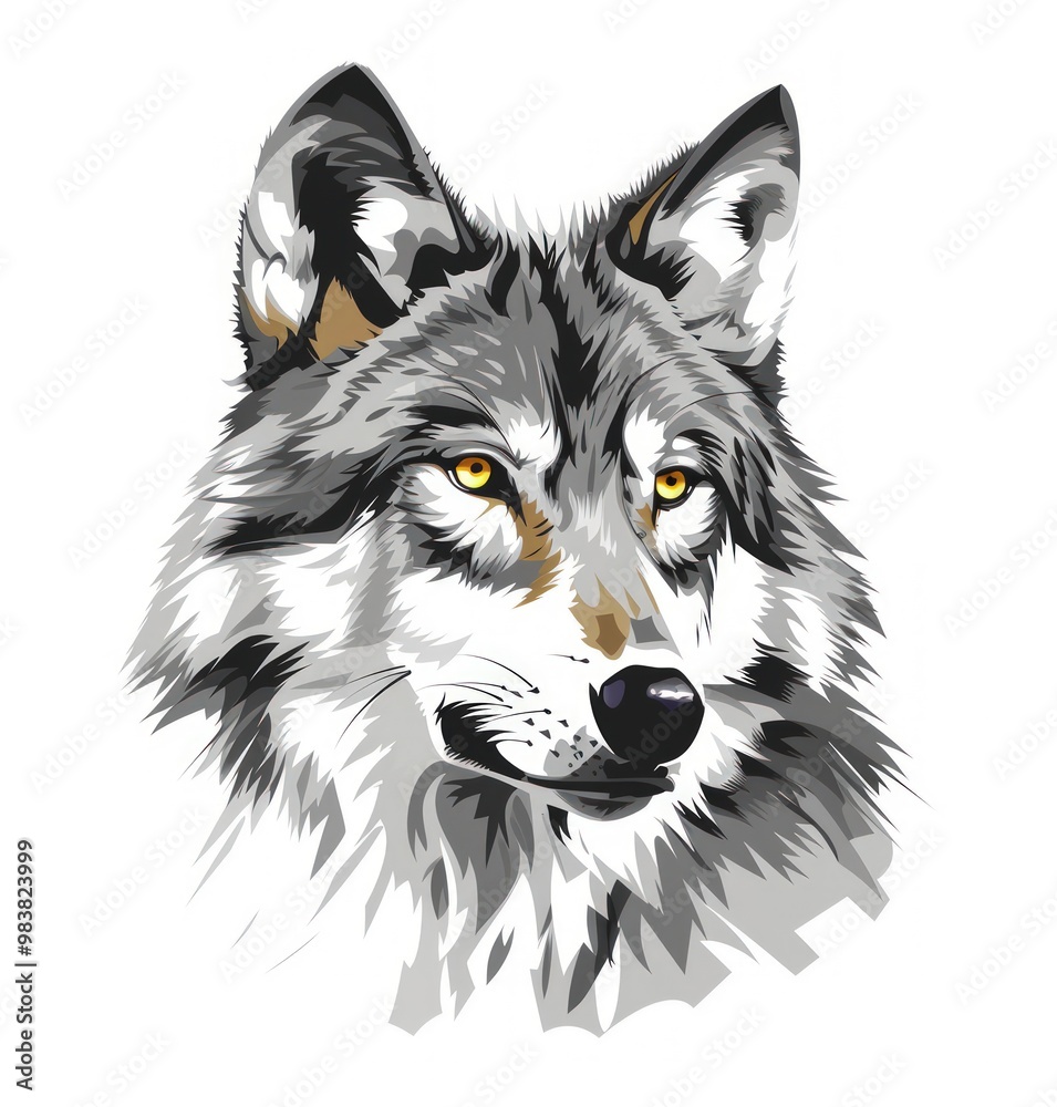 Naklejka premium Close-up portrait of a wolf with piercing yellow eyes.