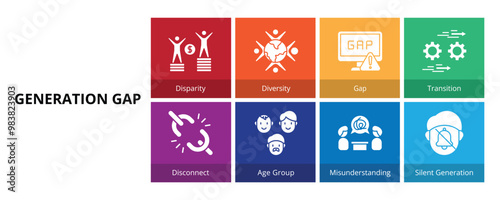 Generation Gap Glyph Solid Banner Web Icon Set Vector Illustration, Disparity Diversity, Gap, Transition Disconnect Age Group Misunderstanding Silent group