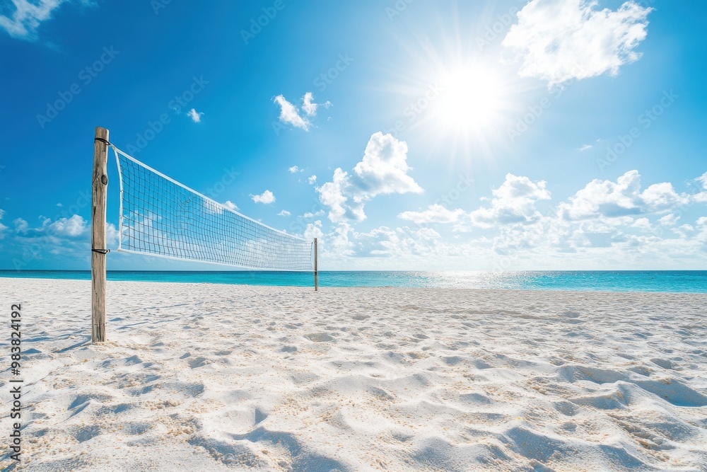 A image of a serene beach volleyball court set against a beautiful, clear blue sky A image of a serene beach volleyball court set against a beautiful, clear blue sky