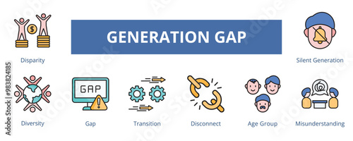 Generation Gap Lineal Color Banner Web Icon Set Vector Illustration, Disparity Diversity, Gap, Transition Disconnect Age Group Misunderstanding Silent group